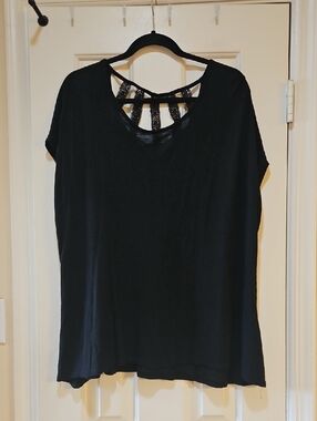 Lane Bryant Black Short Sleeve Tee with Lace-Strap Back